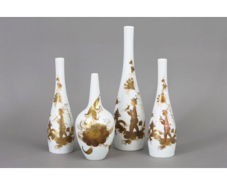 4 ROSENTHAL PorzellanvasenEntwurf Bjørn Wiinblad (1918-2006), Modell "Quatre couleurs", Kegelform, Weißporzellan mit Golddeko