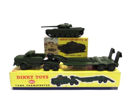 TWO DINKY MODEL MILITARY VEHICLES  comprising a No.660, Thorneycroft Mighty Antar Tank Transporter, olive drab with matching 