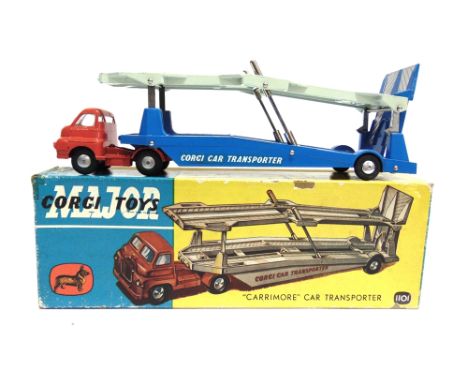 A CORGI NO.1101, BEDFORD S TYPE CARRIMORE CAR TRANSPORTER  with a red tractor unit and a pale grey and blue trailer, excellen