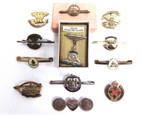 TWELVE MILITARY SWEETHEART BADGES &amp; BROOCHES  including those of Somerset Light Infantry, Gloucestershire Regiment, Dorse