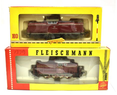 [HO GAUGE]. TWO FLEISCHMANN LOCOMOTIVES  comprising a No.1382, German Railway bo-bo diesel locomotive, V100 2181, lined maroo