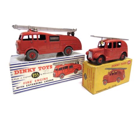 TWO DINKY MODEL FIRE APPLIANCES  comprising No.250, Streamlined Fire Engine, red with matching ridged hubs, silver ladder com