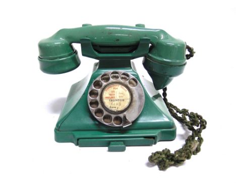 A G.P.O. 232 SERIES JADE GREEN TELEPHONE the base marked '1/232F PL38/1', (split to one side; sliding drawer with broken corn