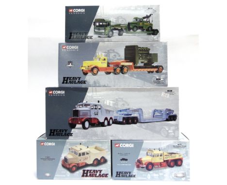 FIVE CORGI 'HEAVY HAULAGE' MODEL VEHICLES  comprising a No.17601, Scammell Constructor and 24-Wheel Low Loader 'Hill of Botle
