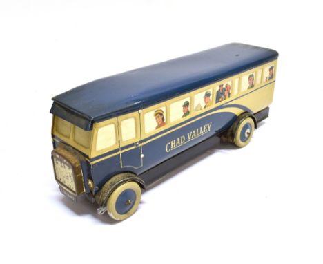 A CHAD VALLEY NO.10005, TINPLATE BUS  blue and cream, with a clockwork motor, the windows lithographed with passengers, with 