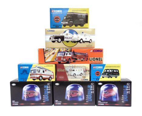 NINE CORGI CLASSICS EMERGENCY SERVICE VEHICLES  including three Nine Double Nine fire appliances, each excellent or better (o