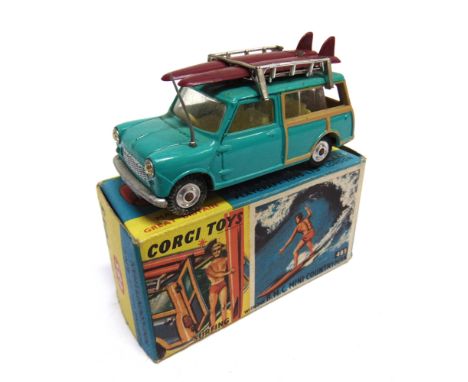 A CORGI NO.485, B.M.C. MINI COUNTRYMAN SURFING  sea-green, excellent condition, complete with surf boards (lacking surfer fig