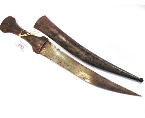 AN INDO-PERSIAN DAGGER (JAMBIYA)  of typical form, the 27cm curved blade with gold-coloured inlay at the ricasso, the steel g