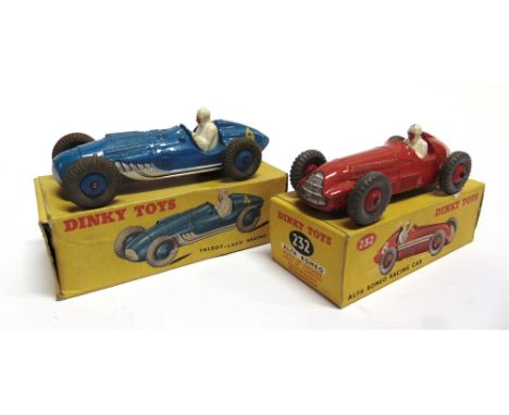TWO DINKY MODEL RACING CARS  comprising a No.230, Talbot-Lago, mid blue with matching ridged hubs, racing number '4', near mi