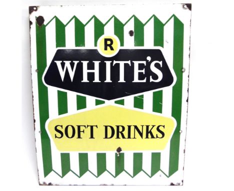 AN R. WHITE'S SOFT DRINKS ENAMEL SIGN  with flanged upper and lower edges, finished in green, navy blue and pale yellow again