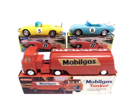 THREE PLASTIC MODEL VEHICLES  comprising a Telsalda No.25100, Lotus Elan S2, turquoise, racing number 8, near mint (front bum