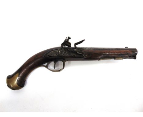 AN 18TH CENTURY FLINTLOCK PISTOL  the 7 inch sighted, tapering steel barrel hexagonal to the bore, with a bevelled lock, figu