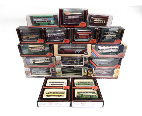 EIGHTEEN 1/76 SCALE DIECAST MODEL BUSES, TRAMS &amp; COACHES  by Exclusive First Editions (eleven, including two two-vehicle 
