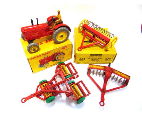 FOUR DINKY MODEL FARM VEHICLES / IMPLEMENTS  comprising a No.300, Massey-Harris Tractor, red with shaped yellow metal hubs, e