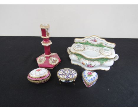 A 19th Century ceramic desk/pen/writing stand, candlesticks and trinket boxes (5)