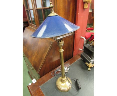An Edwardian brass lamp with blue enamel shade, 51cm tall