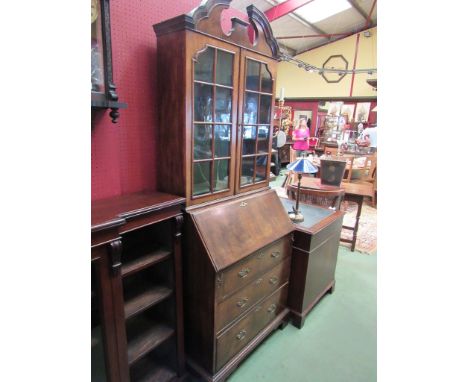 An early 20th Century Queen Anne style bookcase bureau with broken arch top, 208cm x 76cm x 44cm