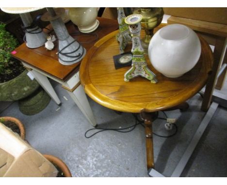 Mixed furniture to include a reproduction circular topped occasional table, stool and a square topped table having white pain