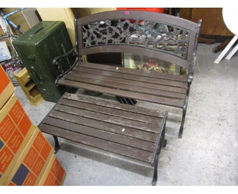 A wrought iron and teak panelled garden bench, 36 h, 50 1/2 w a with matching foot stool, 15 h x 37 3/4w