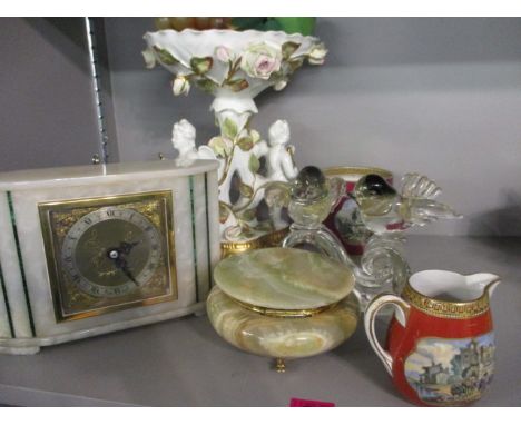 A selection of miscellaneous ornaments to include a 19th century table centrepiece and an Elliott mantle piece clock with eig