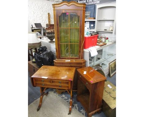 Mixed yew wood furniture to include a sofa table, corner cabinet and a bedside cabinet