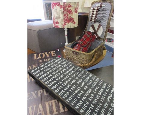 Two motivational boards, a tartan inspired rug 8' x 5', two pouffes to include a cow hide pouffe, a white table lamp and a pi