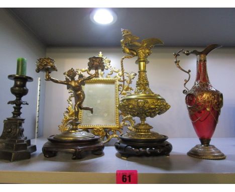 A group of 19th century metalware objects d'art to include a Victorian bronze candlestick and a gilt metal photograph frame