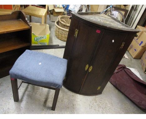 A George III oak, twin door hanging corner cabinet, 38 h, 26 w and a mahogany framed stool, raised on square, moulded legs