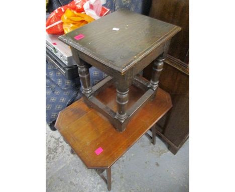 An Edwardian inlaid mahogany occasional table, 21h, 24 w and a 1930s oak joint stool, 17 h, 14 w