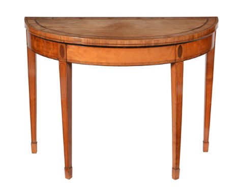 
	
		Y&nbsp;A George III satinwood, tulipwood crossbanded and purple heart inlaid demi-lune folding card table, circa 1790, t