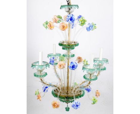 
	
		A coloured and clear glass 5 light chandelier, probably Murano, mid/late 20th century, ceiling boss above the central st