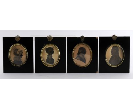 A group of four early 19th century portrait silhouettes, depicting soldier, Gentleman, young woman and a lady, first 3 with g