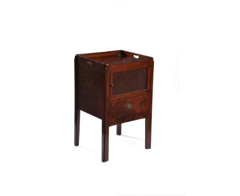 
	
		A George III mahogany night commode, circa 1780, with tray top incorporating carrying handles above a tambour door and s