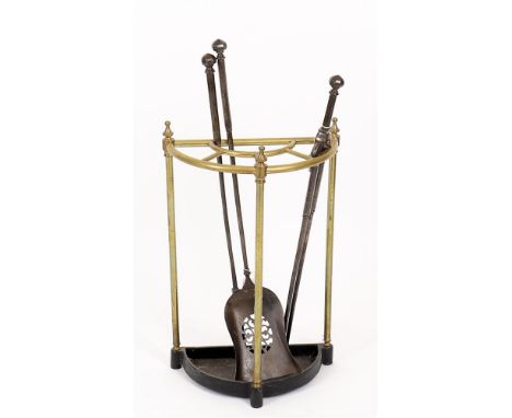 
	
		A 19th century style brass tubular stick stand, 60cms high, 38cms wide; an early Victorian set of three steel fireirons 