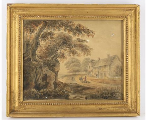 
	
		Four 19th century watercolour pictures to include R H Kemble 'Farmyard', pen ink and wash, signed to reverse backing, 18
