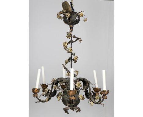 
	
		An Italian floral porcelain mounted tole 6 light chandelier, late 19th/early 20th century, approximately 77cm high, 63cm