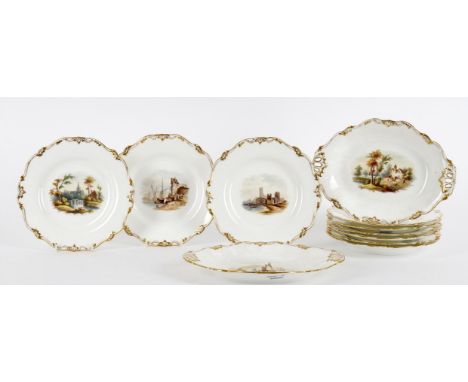 
	
		A Victorian English porcelain dessert service, painted with  mostly named British and French views, inscribed variously 