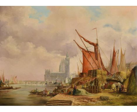
	
		Manner of E W Cooke (20th century) 
		Barges on the Thames with the Palace of Westminster beyond,
		Oil on canvas 
		71 