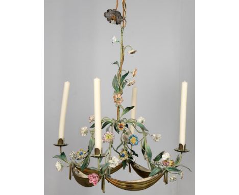 
	
		An Italian floral porcelain mounted 4 light tole chandelier, late 19th/early 20th century, with 8 lights concealed withi