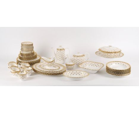 
	
		A Spode porcelain dinner service in the 'Fleur de lys gold' pattern, primarily for 8 settings, factory marks (for full l