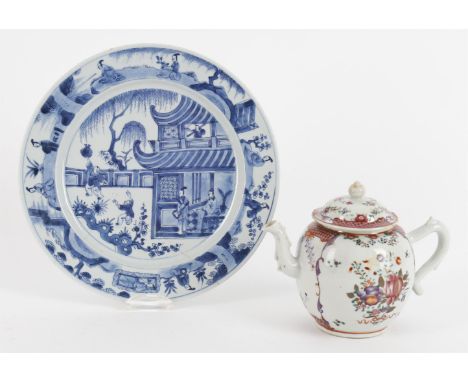 
	
		An 18th century Chinese export porcelain teapot and cover, famille rose decoration with restored finial, 14.5cm high; an