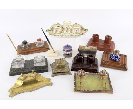 
	
		Pen and writing related items to include a 19th century Coalbrookdale style porcelain desk stand, English or French, wit