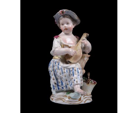 
	
		A Meissen figure of a girl playing the lute, third quarter 18th century, blue crossed swords mark verso, 12cm high
		
		