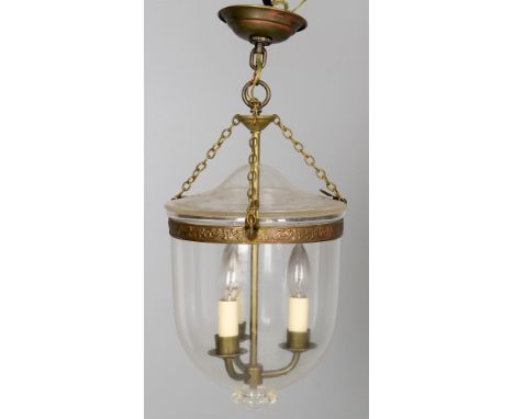 
	
		A Vaughan CL04/SR glass globe three light lantern, small, brass mounts, labelled to ceiling mount, approximately 51cm hi