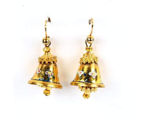 A pair of unmarked yellow metal enamel bell earrings, with shepherd hook fittings, earring height 34.6mm, 5.5gNo damage or re