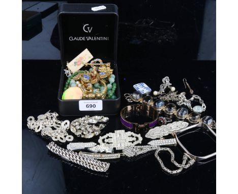 Various silver and jewellery, including banded agate and smoky quartz bracelet, heavy curb link bracelet etcLot sold as seen 