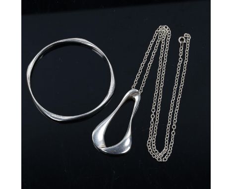 2 pieces of Danish stylised sterling silver jewellery, comprising Hermann Siersbol pendant necklace and Bent Poulsen bangle, 