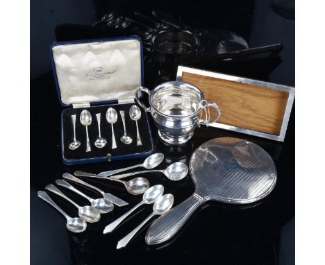 Various silver, including 2-handled trophy, spoons, rectangular photo frame, dressing table hand mirror etc, 9.9oz weighableL