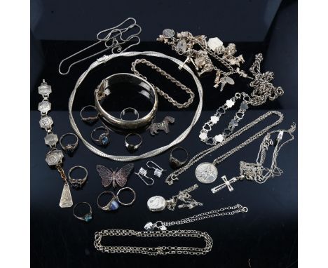 Various silver jewellery, including charm bracelet, necklace, rings, bangle etcLot sold as seen unless specific item(s) reque