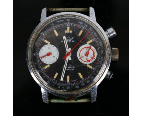 SMITHS ASTRAL - a Vintage stainless steel chronograph wristwatch head, circa 1960s, reverse panda black dial with 2 white sub